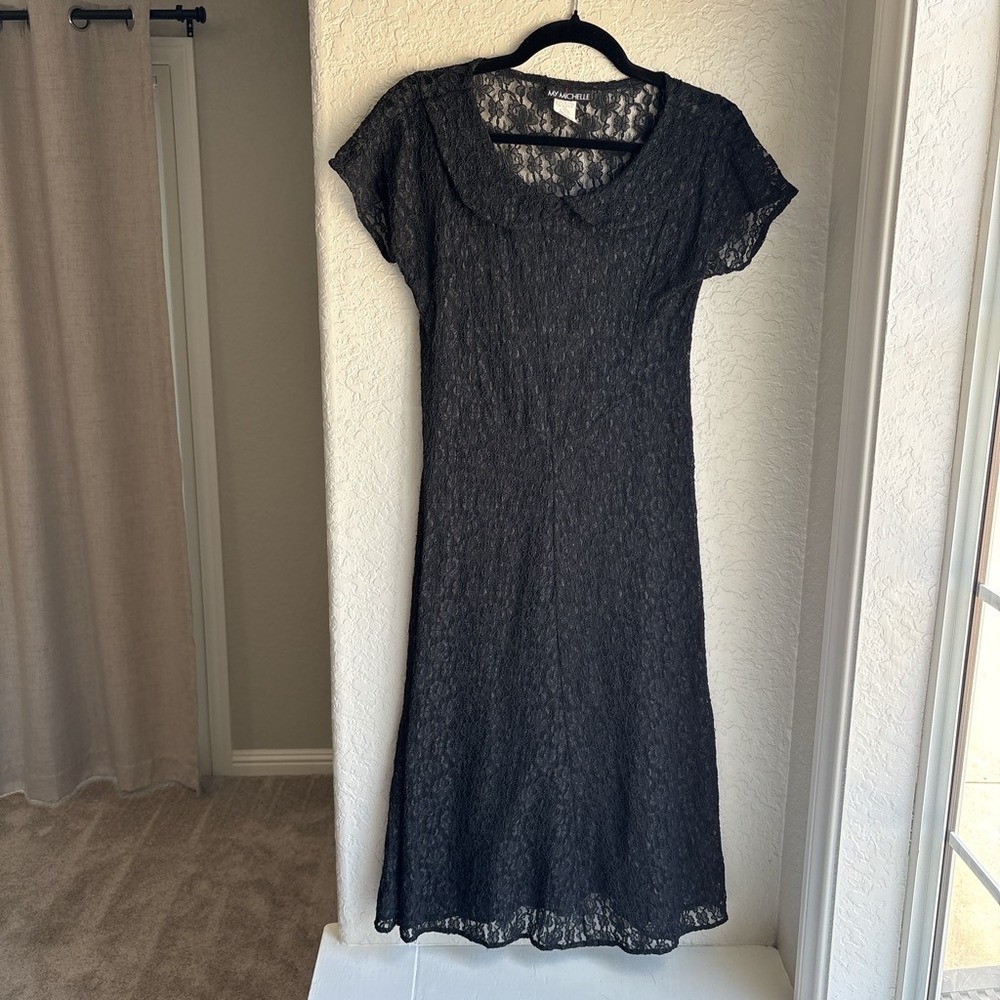 My Michelle Vintage 90s Women 5/6 Midi Dress Black Lace Peter Pan Collar Sheer